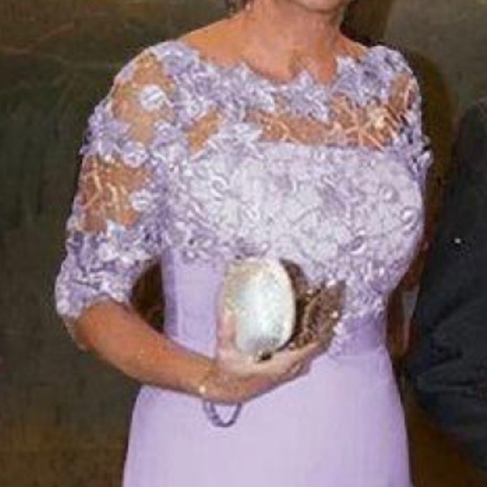 Formal dress, Lavender lace and chiffon, illusion neckline, elbow length sleeves